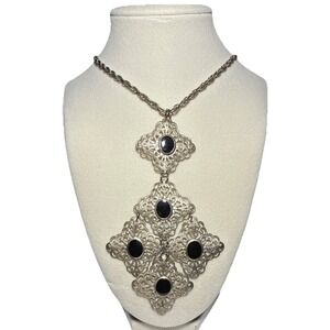 Silver Tone and Black Filagree Detail Diamond Shaped Necklace Vtg  J-4A